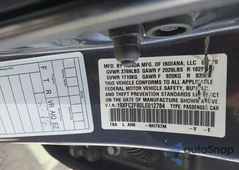 2020 Honda Civic Sport z USA, uszkodzony, nr VIN 19XFC2F80LE012784